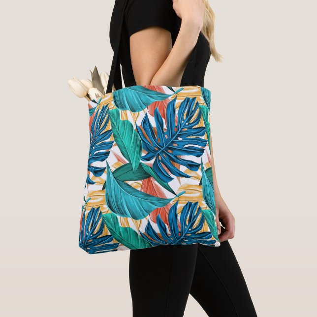 Colourful tropical leaves, exotic pattern design, tote bag (Close Up)