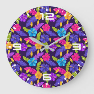 Colourful Tropical Leaves Flowers Pattern-45458 Large Clock