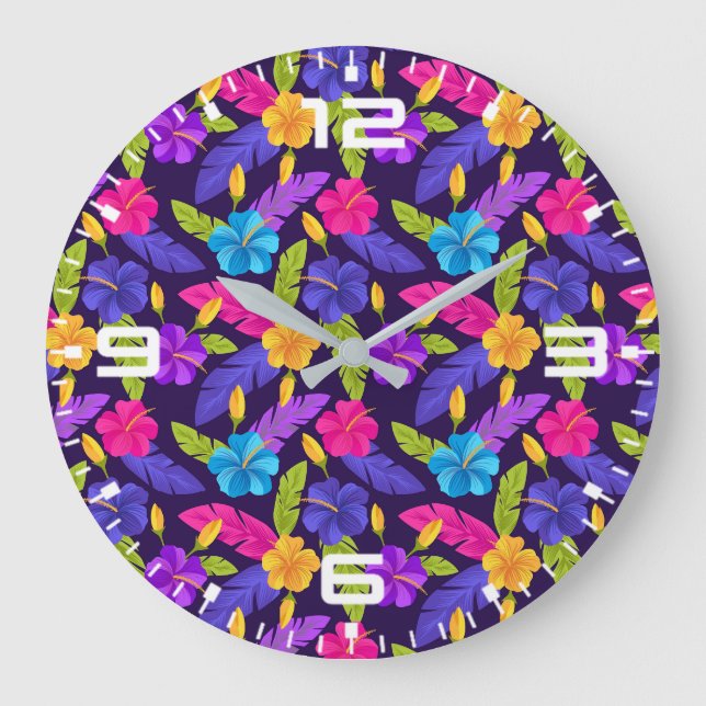Colourful Tropical Leaves Flowers Pattern-45458 Large Clock (Front)