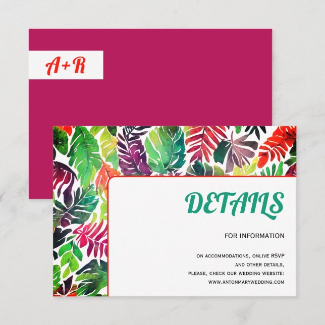 Colourful tropical leaves, frame maximalist weddin enclosure card (Front/Back)
