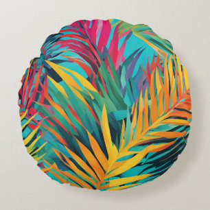 Colourful Tropical Leaves Palm Fronds Aqua Blue Round Pillow