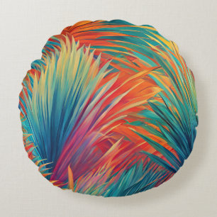 Colourful Tropical Leaves Palm Fronds Leaf Design Round Pillow