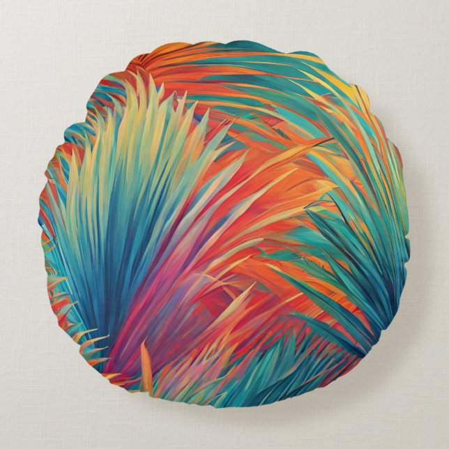 Colourful Tropical Leaves Palm Fronds Leaf Design Round Pillow (Front)