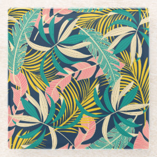 Colourful tropical leaves: summer pattern. glass coaster