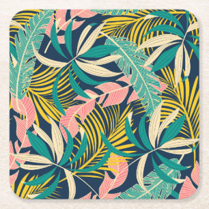 Colourful tropical leaves: summer pattern. square paper coaster