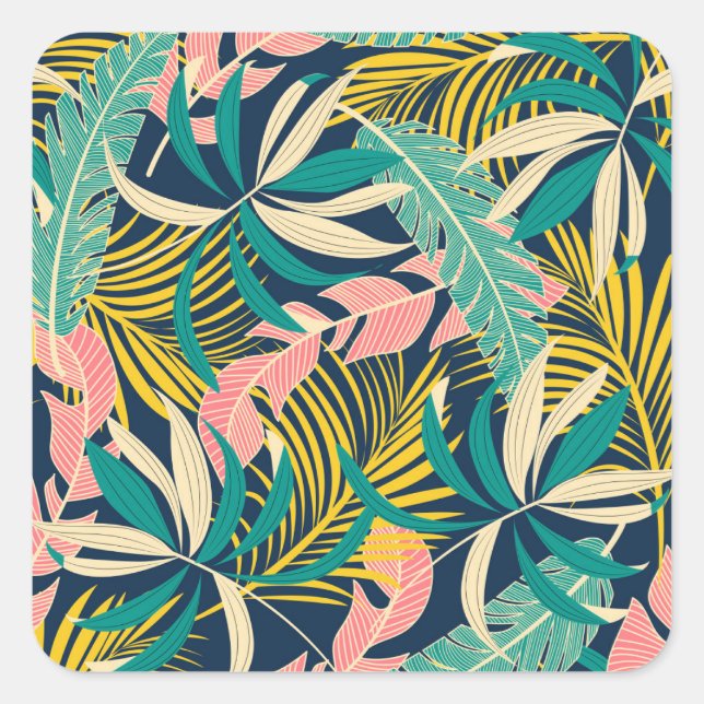 Colourful tropical leaves: summer pattern. square sticker (Front)
