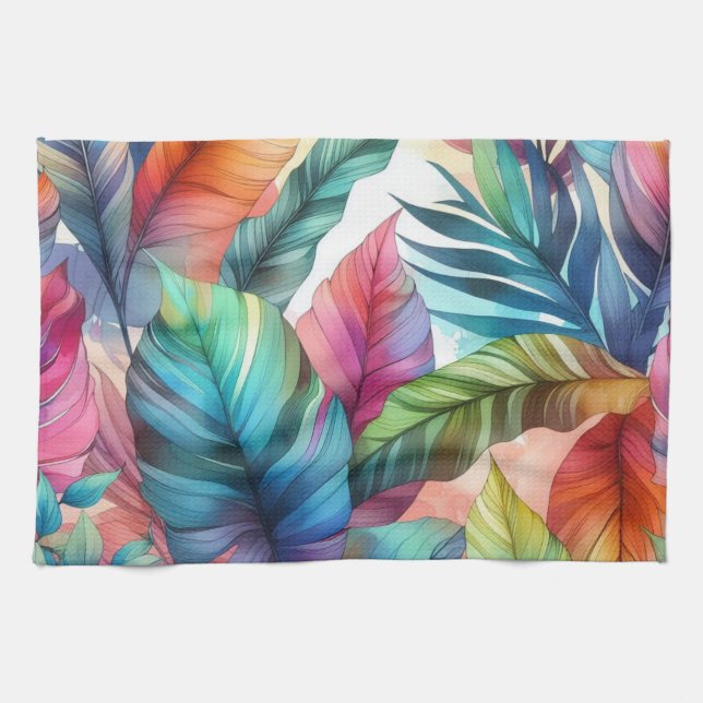 Colourful Tropical Leaves Watercolor Design Kitchen Towel (Horizontal)