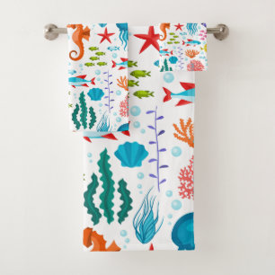Colourful tropical marine life and animals pattern bath towel set
