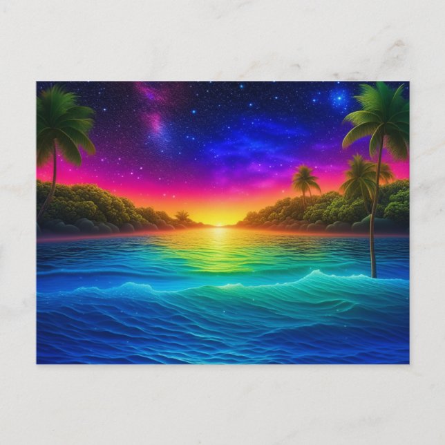 Colourful Tropical Ocean Sunset with Palm Trees Postcard (Front)