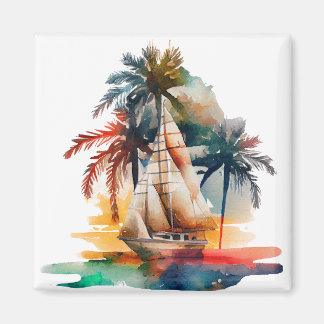 Colourful Tropical Palm and Sailboat Magnet