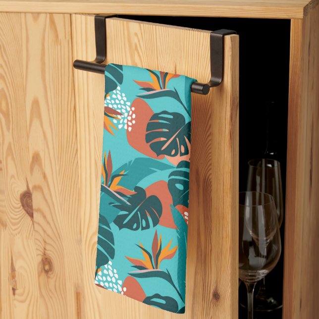 Colourful Tropical palm leaves and hibiscus flower Kitchen Towel (Thirds Fold)
