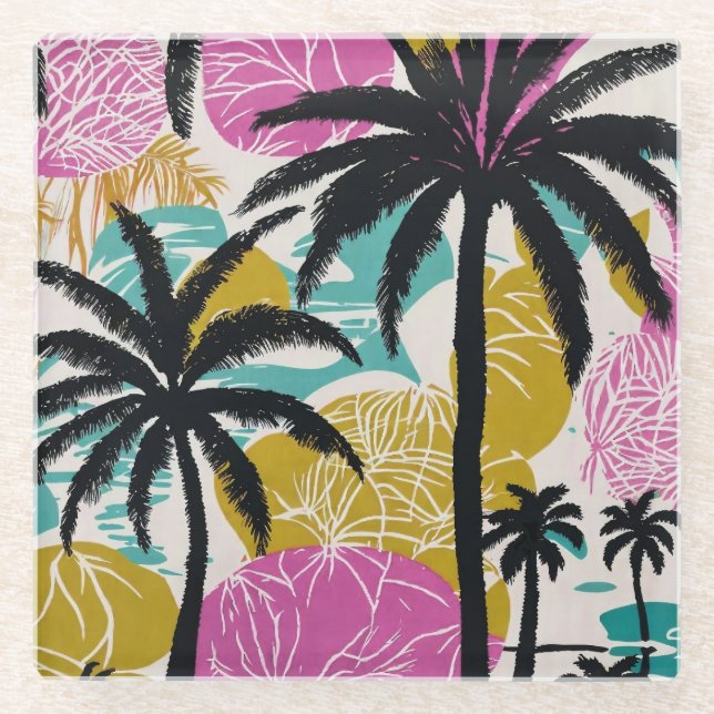 Colourful Tropical Palm Tree Pattern Glass Coaster (Front)