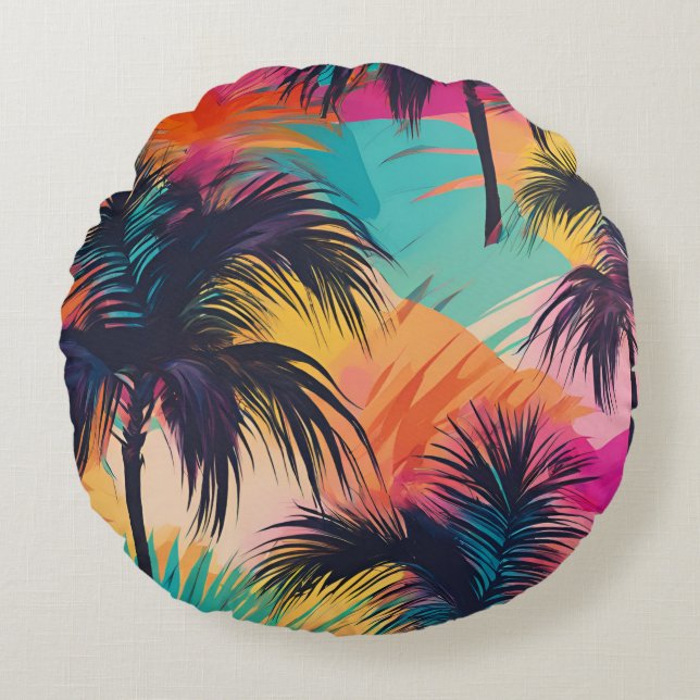 Colourful Tropical Palm Trees Art Round Pillow (Front)