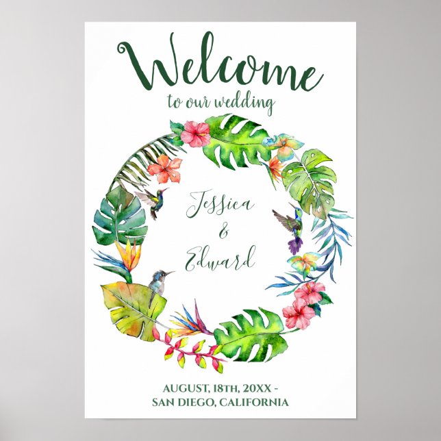 Colourful Tropical Paradise Wreath Welcome Wedding Poster (Front)