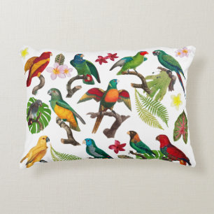 Colourful Tropical Parrots, Leaves & Flowers  Accent Pillow