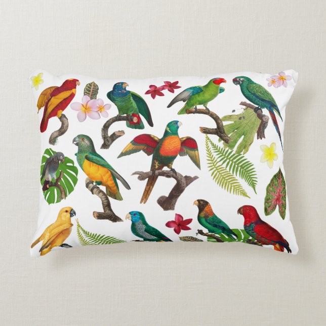 Colourful Tropical Parrots, Leaves & Flowers  Accent Pillow (Front)
