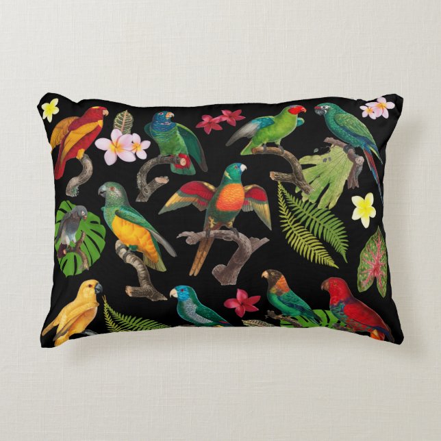 Colourful Tropical Parrots, Leaves & Flowers Accent Pillow (Front)