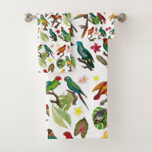 Colourful Tropical Parrots, Leaves & Flowers   Bath Towel Set