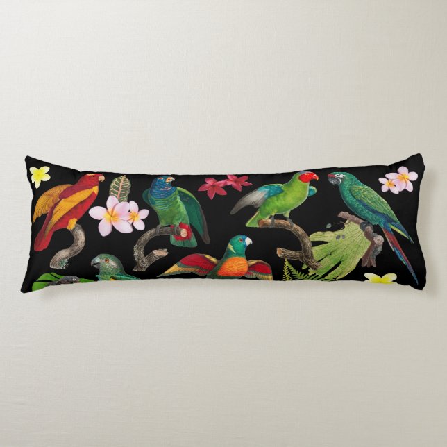 Colourful Tropical Parrots, Leaves & Flowers Body Pillow (Front)