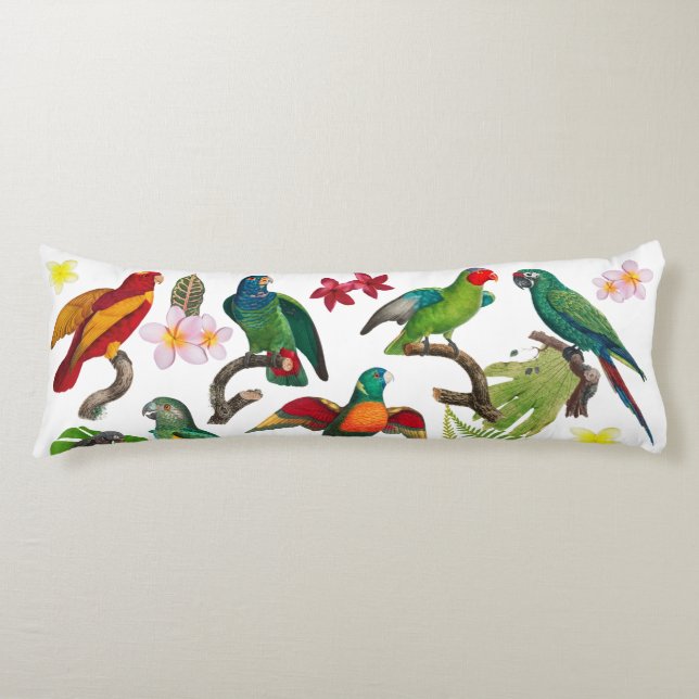Colourful Tropical Parrots, Leaves & Flowers  Body Pillow (Front)