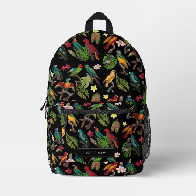 Colourful Tropical Parrots, Leaves & Flowers Custo Printed Backpack (Front)
