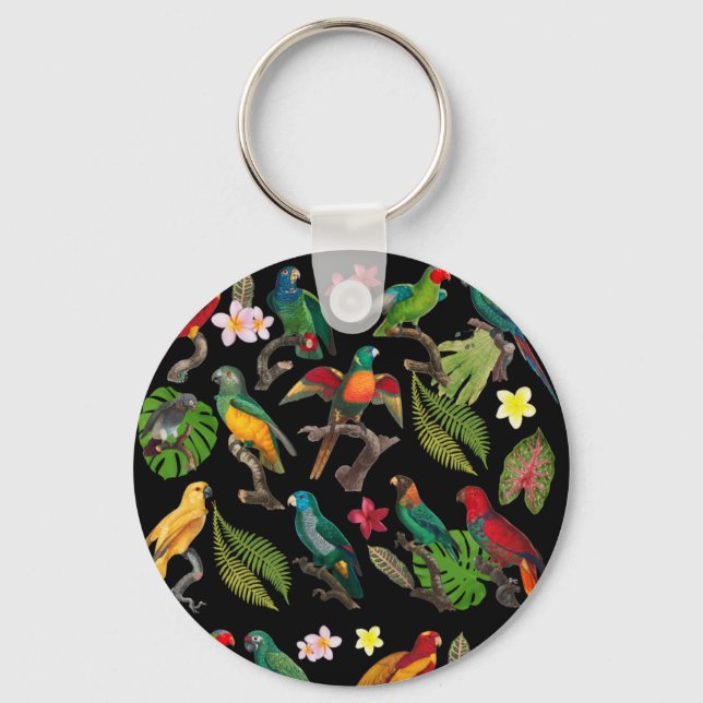 Colourful Tropical Parrots, Leaves & Flowers  Keychain (Front)