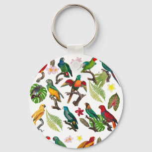 Colourful Tropical Parrots, Leaves & Flowers  Keychain
