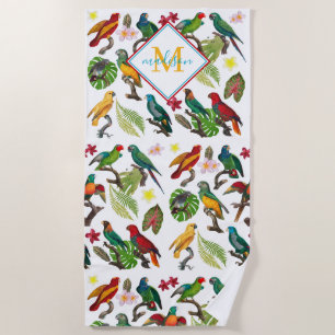 Colourful Tropical Parrots Leaves, Flowers Monogra Beach Towel