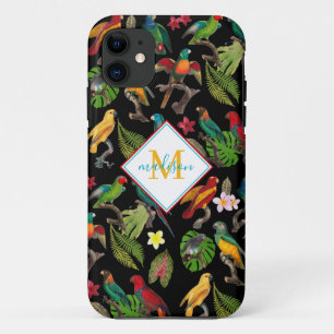 Colourful Tropical Parrots Leaves, Flowers Monogra iPhone 11 Case