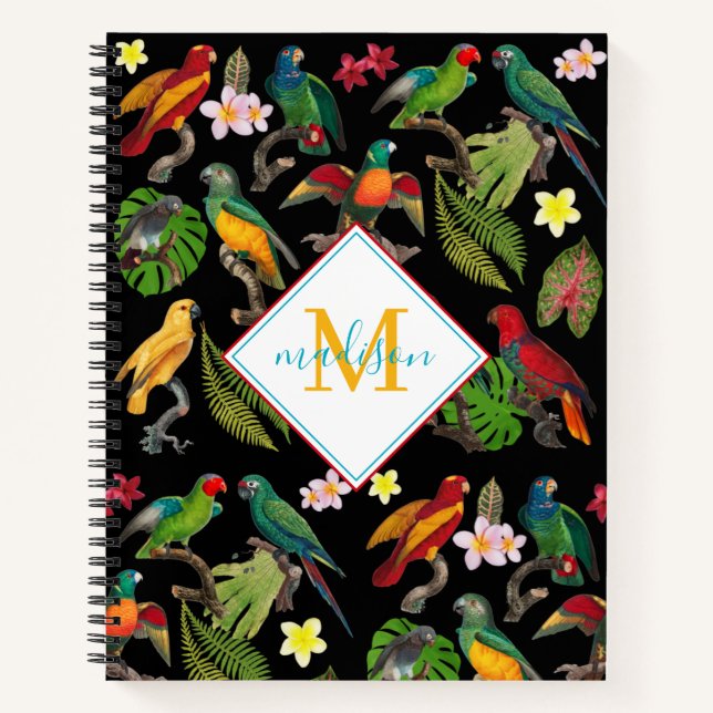 Colourful Tropical Parrots Leaves, Flowers Monogra Notebook (Front)