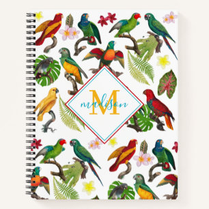 Colourful Tropical Parrots Leaves, Flowers Monogra Notebook