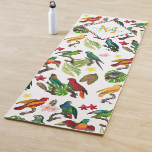 Colourful Tropical Parrots Leaves, Flowers Monogra Yoga Mat