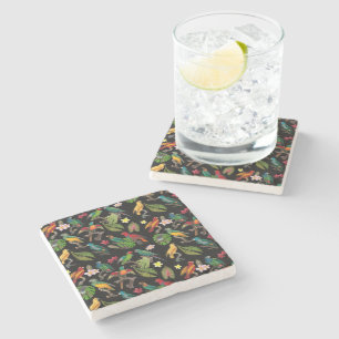 Colourful Tropical Parrots, Leaves & Flowers Stone Coaster
