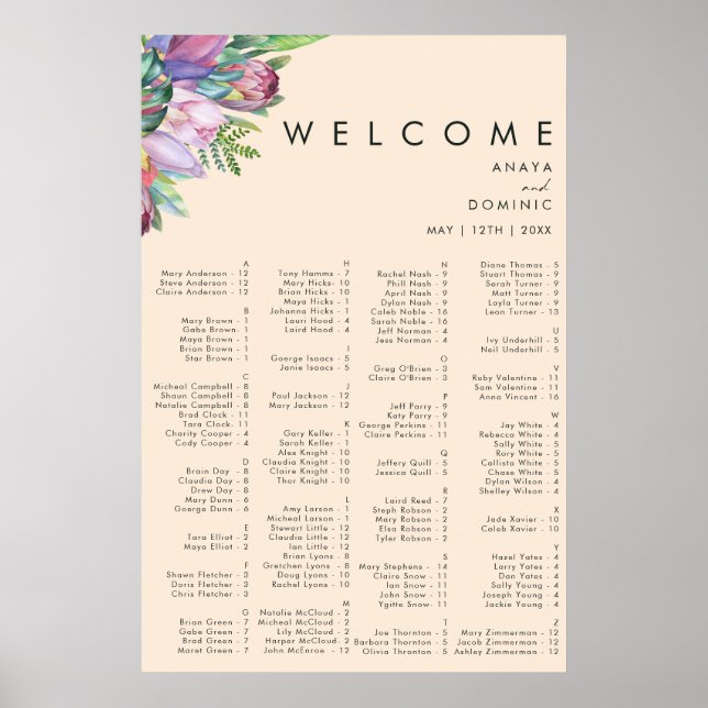 Colourful Tropical Peach Alphabetical Seating char Poster (Front)