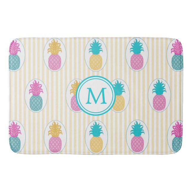Colourful Tropical Pineapple Yellow Stripe Bath Mat (Front)