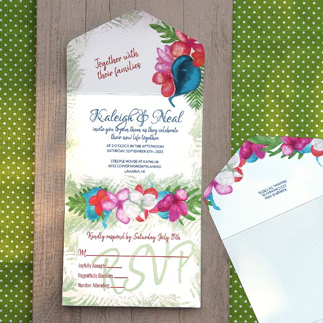 Colourful Tropical Pink Coral Teal Blue Plumerias All In One Invitation (tropical teal calla lily pink and coral plumeria flower wedding invitations all-in-one with rsvp)