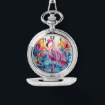 Colourful Tropical Pink Flamingo Elegant Womans Watch<br><div class="desc">Colourful Tropical Pink Flamingo Elegant Womans Watches features a colourful tropical paradise with a pink flamingo surrounded by tropical flowers. Created by Evco Studio www.zazzle.com/store/evcostudio</div>