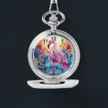 Colourful Tropical Pink Flamingo Elegant Womans Watch<br><div class="desc">Colourful Tropical Pink Flamingo Elegant Womans Watches features a colourful tropical paradise with a pink flamingo surrounded by tropical flowers. Created by Evco Studio www.zazzle.com/store/evcostudio</div>
