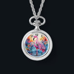 Colourful Tropical Pink Flamingo Elegant Womans Watch<br><div class="desc">Colourful Tropical Pink Flamingo Elegant Womans Watches features a colourful tropical paradise with a pink flamingo surrounded by tropical flowers. Created by Evco Studio www.zazzle.com/store/evcostudio</div>