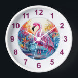 Colourful Tropical Pink Flamingo Modern Clock<br><div class="desc">Colourful Tropical Pink Flamingo Modern Watches features a colourful tropical paradise with a pink flamingo surrounded by tropical flowers. Created by Evco Studio www.zazzle.com/store/evcostudio</div>