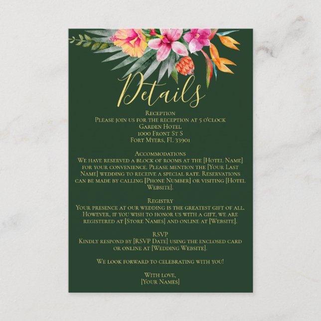 Colourful Tropical Pink Flowers Wedding Details Enclosure Card (Front)