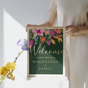 Colourful Tropical Pink Orange Flowers Welcome Foil Prints