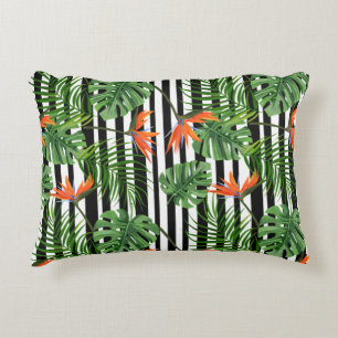 Colourful Tropical Plant, Palm Leaves and Bird Accent Pillow
