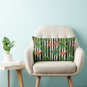 Colourful Tropical Plant, Palm Leaves and Bird Lumbar Pillow