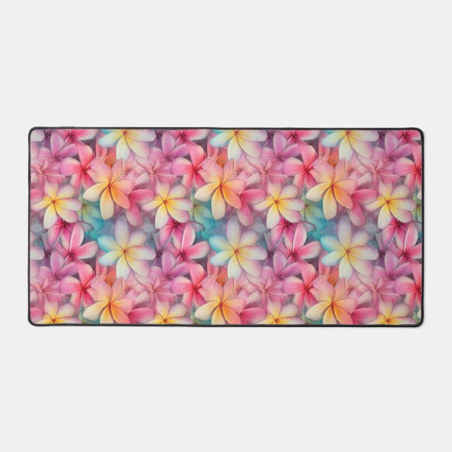 Colourful Tropical Plumeria Frangipani Patterned Desk Mat (Front)