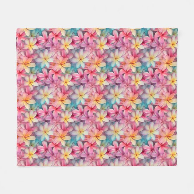 Colourful Tropical Plumeria Frangipani Patterned Fleece Blanket (Front (Horizontal))