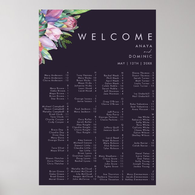 Colourful Tropical Purple Alphabetical Seating Poster (Front)