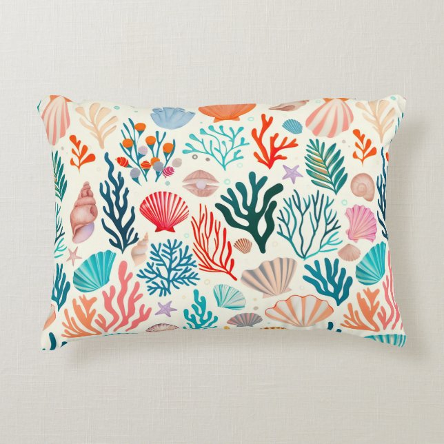 Colourful Tropical Summer Coral Seashell Accent Pillow (Front)