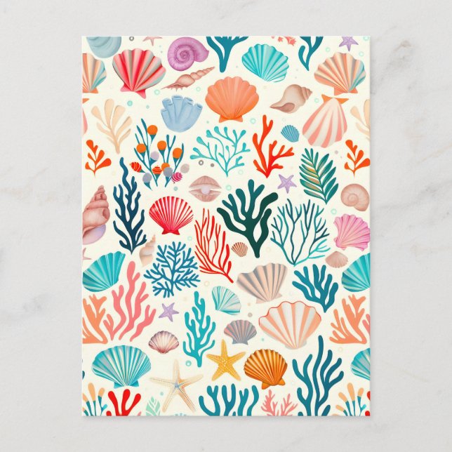 Colourful Tropical Summer Coral Seashell Announcement Postcard (Front)
