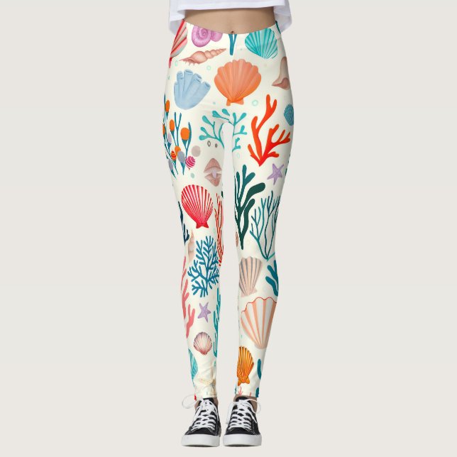 Colourful Tropical Summer Coral Seashell Leggings (Front)